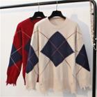 Distressed Color Block Argyle Sweater