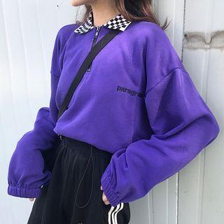Check Panel Lettering Embroidered Half-zip Pullover