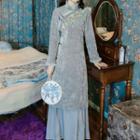 Set: Long-sleeve Fluffy Trim Floral Embroidered Midi Qipao Dress + Maxi Skirt