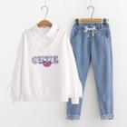 Collar Mock Two-piece Lettering Sweatshirt / Tapered Jeans / Set