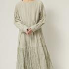 Long-sleeve Crinkled Maxi A-line Dress Light Green - One Size