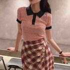 Short-sleeve Knit Polo Shirt / Plaid Midi Skirt