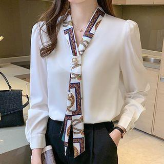 Long-sleeve Print Mock-tie Chiffon Blouse