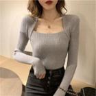 Long-sleeve Square-neck Fleece-lined Knit Top