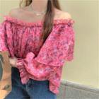 Bell-sleeve Off-shoulder Floral Print Blouse Floral Print - Pink - One Size