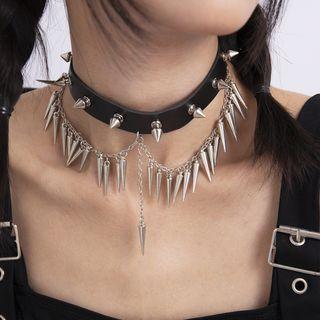 Studded Fringed Choker 5209 - Silver - One Size