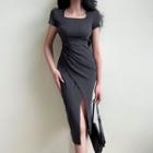 Short Sleeve Square-neck Plain Ruched Slit Midi Dress