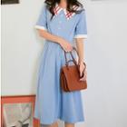 Short-sleeve Color Block Wide Collar A-line Midi Dress
