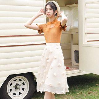 Set: Short-sleeve Pointelle Knit Top + Pom Pom Accent Midi A-line Skirt