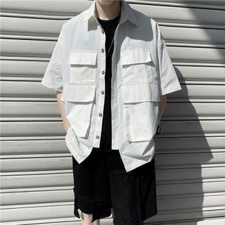 Short-sleeve Pocket Detail Cargo Plain Shirt