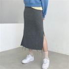 Slit-side Fray-hem Midi Skirt