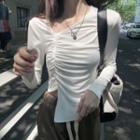 Long-sleeve Asymmetrical Neck Crop Top / Wide Leg Pants