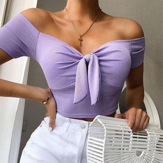 Off-shoulder Bow Ribbed T-shirt