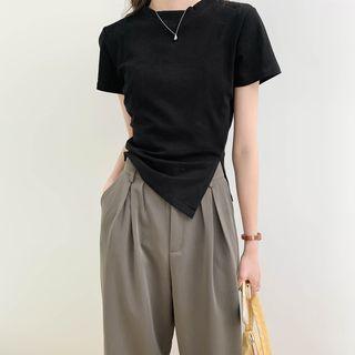 Round-neck Plain Split Top / High-waist Plain Pleated Straight-cut Pants