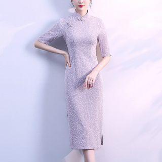 Short-sleeve Lace Panel Midi Qipao