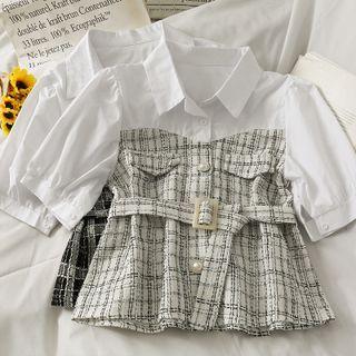 Patchwork Puff-sleeve Crop Shirt With Belt