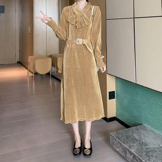 Velvet Tie-waist Midi A-line Dress