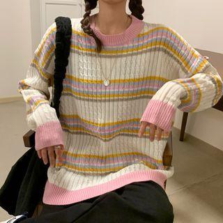 Color-block Striped Cable Knitted Sweater
