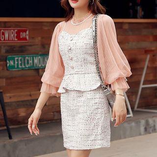 Set: 3/4-sleeve Mesh Top + Tweed Peplum Cami Top + Mini A-line Skirt