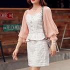 Set: 3/4-sleeve Mesh Top + Tweed Peplum Cami Top + Mini A-line Skirt