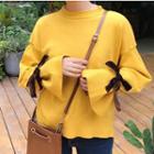 Lace-up Bell Long Sleeve Knit Top Yellow - One Size