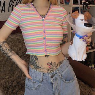 Striped Button Crop Top