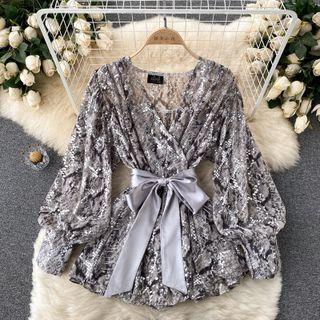 V-neck Lace-up Strap Snakeskin Pattern Long-sleeve Top