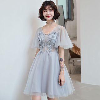 Short-sleeve Mesh Mini A-line Cocktail Dress