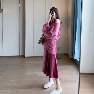 Set: Cold-shoulder Pullover + Midi Mermaid Skirt