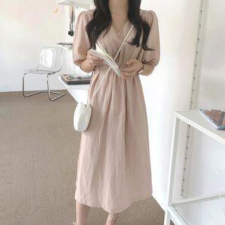 V-neck Short-sleeve Midi A-line Dress Pink - One Size