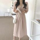 V-neck Short-sleeve Midi A-line Dress Pink - One Size