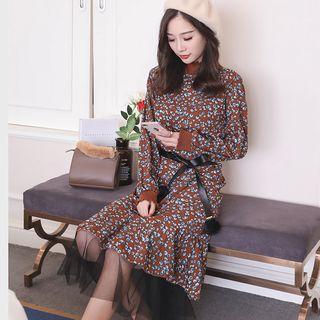 Mesh Panel Floral Long-sleeve Midi Dress