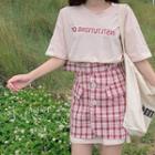 Set: Short Sleeve Letter Print T-shirt Dress + Plaid Mini A-line Skirt