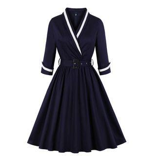 Elbow-sleeve V-neck Belted Midi A-line Dress