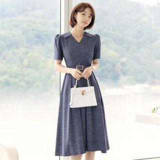 Collared Pleated Midi Flare Dress With Belt
