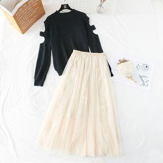 Set: Cutout Sleeve Sweater + Mesh Panel Midi Skirt