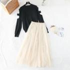 Set: Cutout Sleeve Sweater + Mesh Panel Midi Skirt
