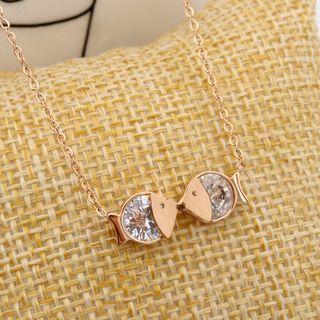 Rose Gold Plated Rhinestone Kissing Fish Pendant Necklace