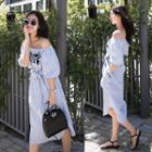 3/4-sleeve Off-shoulder Embroidery Striped A-line Dress