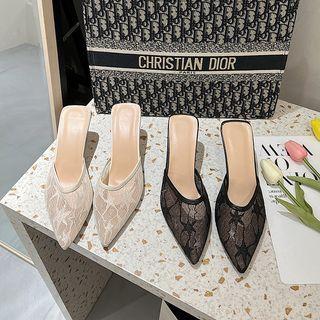 Lace Kitten Heel Pointed Mules