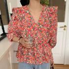 Puff-sleeve Floral Print Ruffled Blouse Floral - Red - One Size