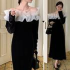 Long-sleeve Off-shoulder Velvet Midi A-line Dress Black - One Size