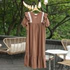 Lace-trim Frilled Long Dress Brown - One Size