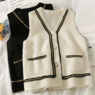 Glitter-trim Button-up Knit Vest