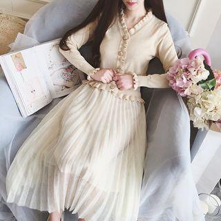 Set: Ruffle Trim Cardigan + Pleated Midi Skirt