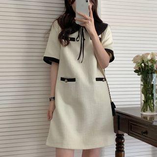Short-sleeve Peter Pan Collar Contrast Trim Shift Dress Almond - One Size