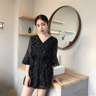 Star Print Elbow Sleeve Chiffon Playsuit