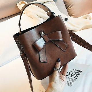 Faux Leather Ribbon Accent Bucket Bag