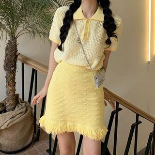 Polo-neck Short-sleeve Top / Fringed Knit Skirt