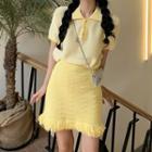 Polo-neck Short-sleeve Top / Fringed Knit Skirt
